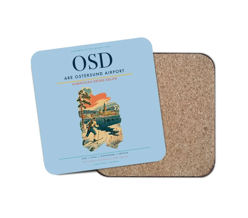 Are Ostersund Airport (OSD) design on light blue 1 piece coaster