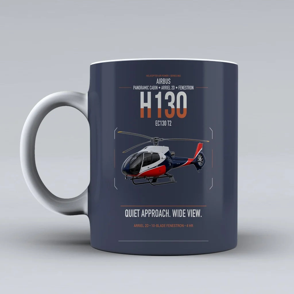 Airbus H130 design on dark blue ceramic mug, double-side print