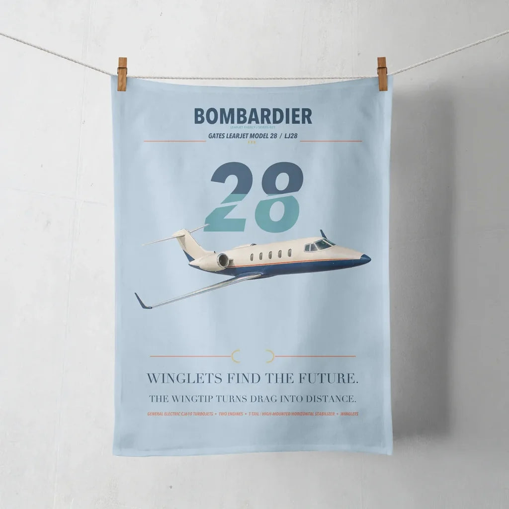 Bombardier Learjet 28 design on light blue towel
