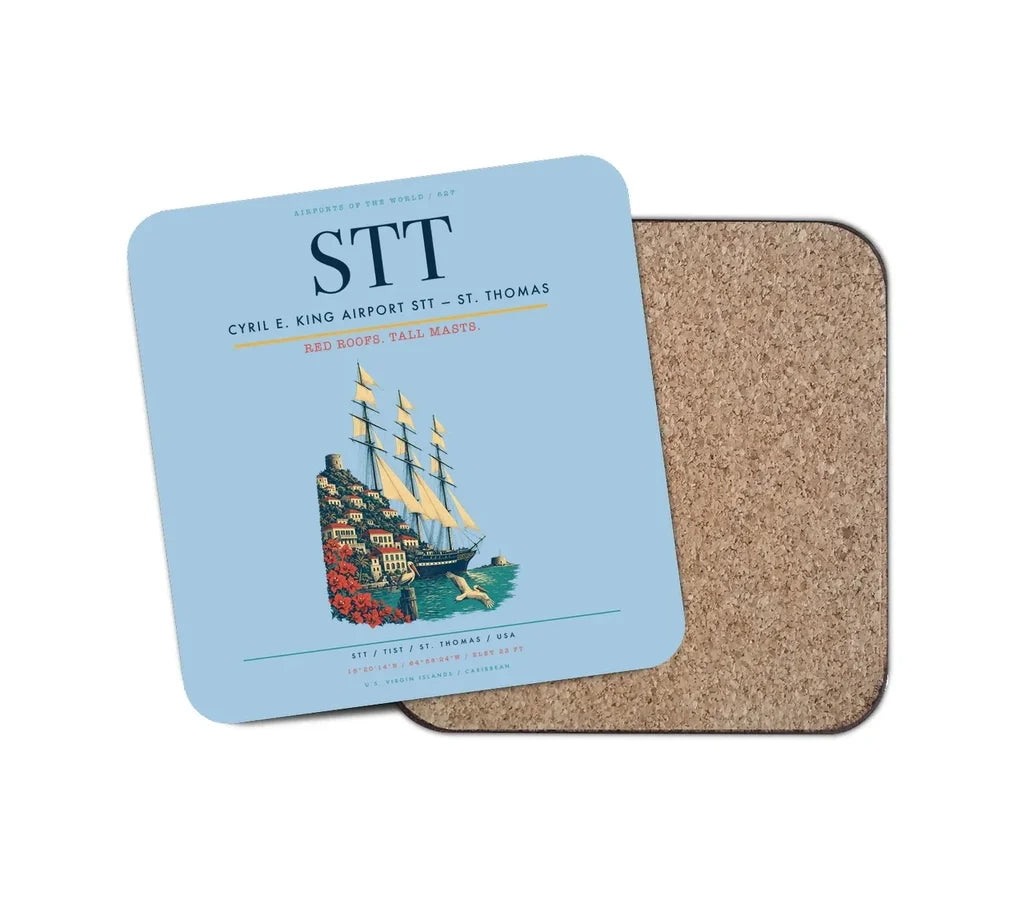 Cyril E. King Airport (STT) design on light blue 1 piece coaster