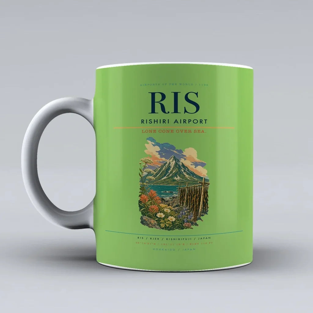 Rishiri Airport (RIS) airport code design on light green ceramic mug
