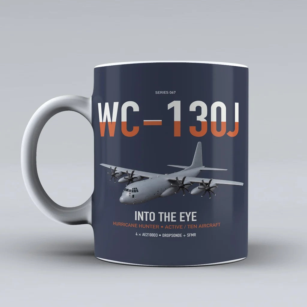 WC-130J Hurricane Hunter design on dark blue ceramic mug, double-side print