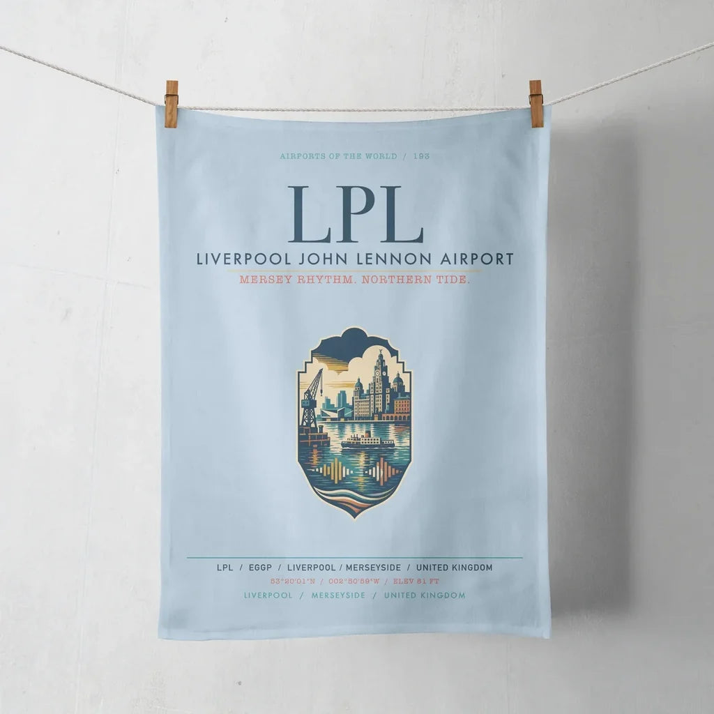 Liverpool John Lennon Airport (LPL) design on light blue towel