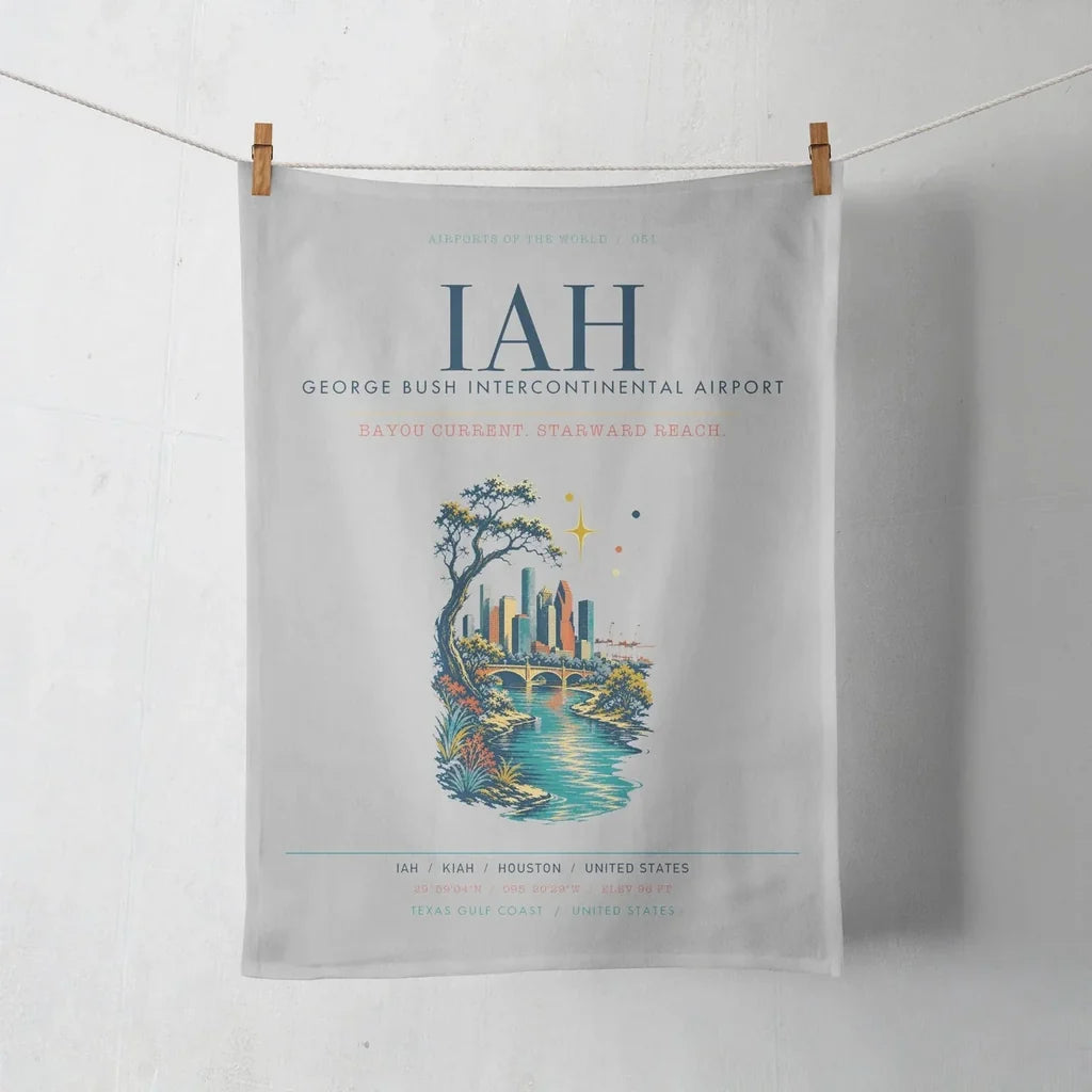 Houston George Bush Intercontinental Airport (IAH) design on light gray towel