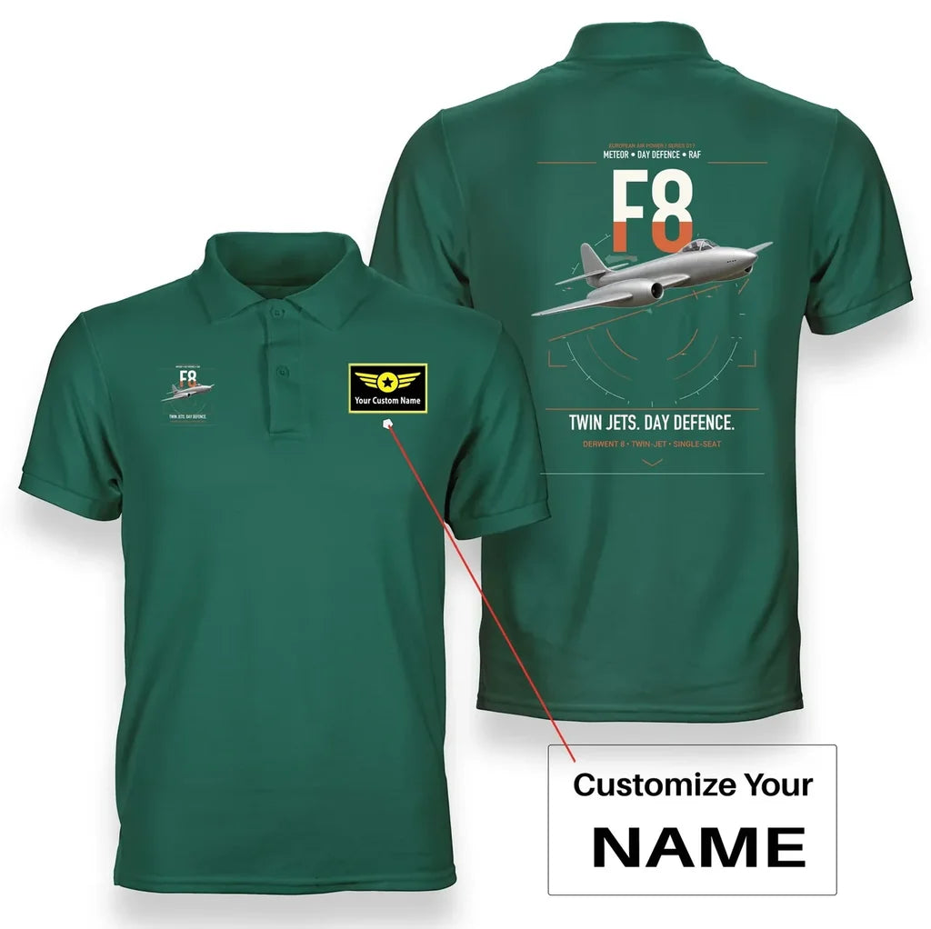 Gloster Meteor F8 design on green+name double-side polo t-shirt, double-side print