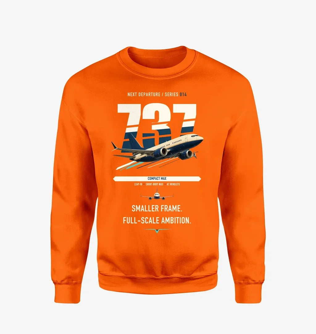 Boeing 737 MAX 7 design on orange sweatshirt