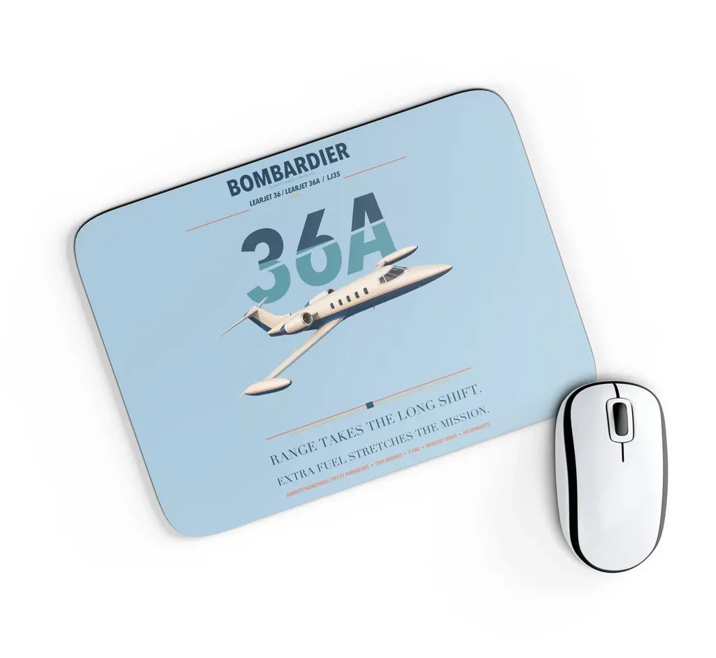 Bombardier Learjet 36A design on light blue rectangle mouse pad