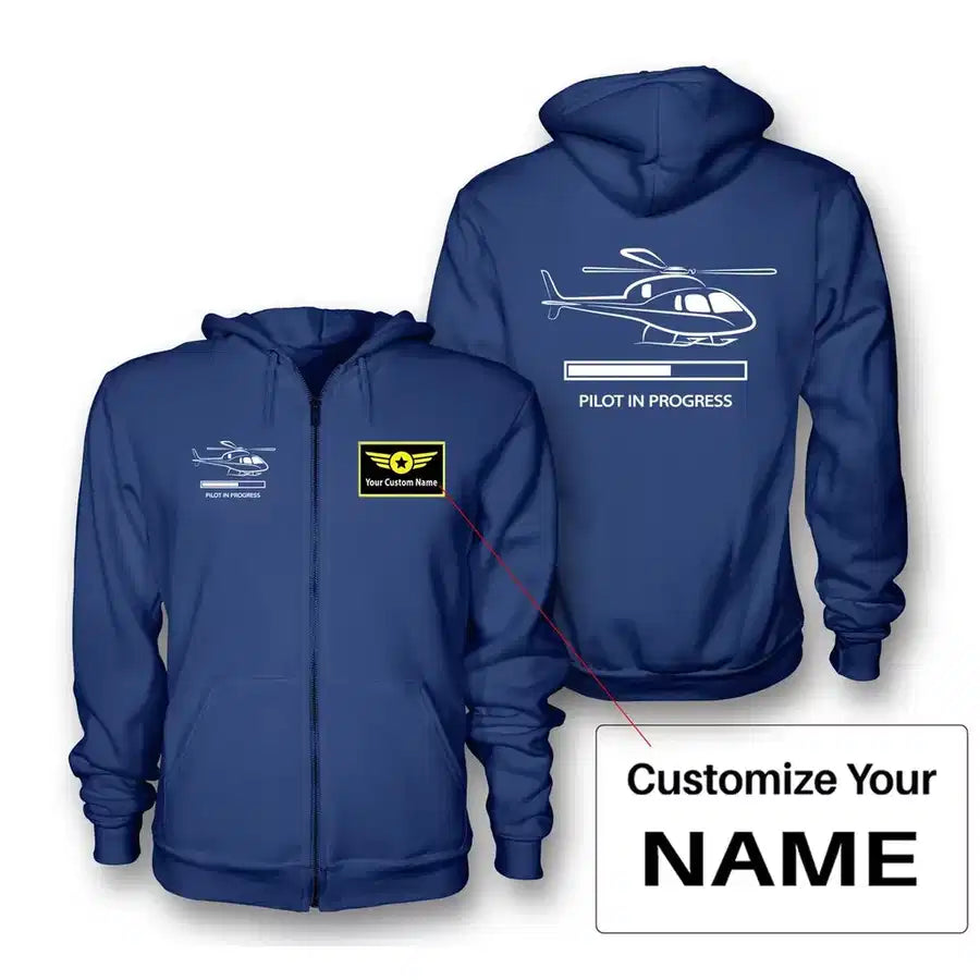 Pilot In Progress (Helicopter) Zipped Hoodie - Blue + Name (Customizable)