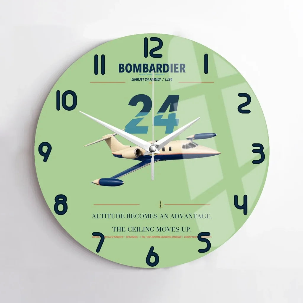 Bombardier Learjet 24 design on light green no frame wall clock