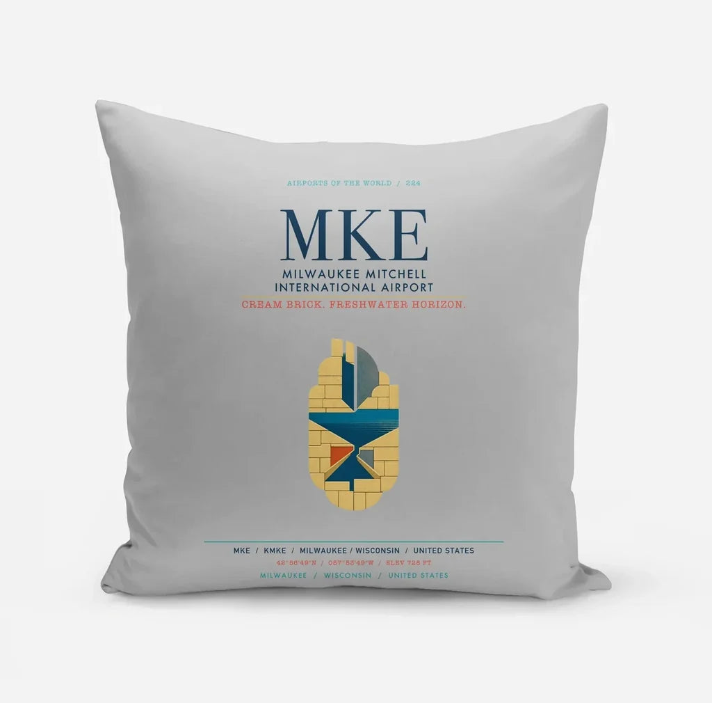 Milwaukee Mitchell International Airport (MKE) design on light gray pillow