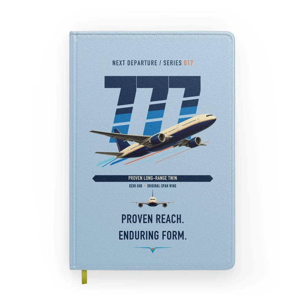 Boeing 777-200ER design on light blue notebook