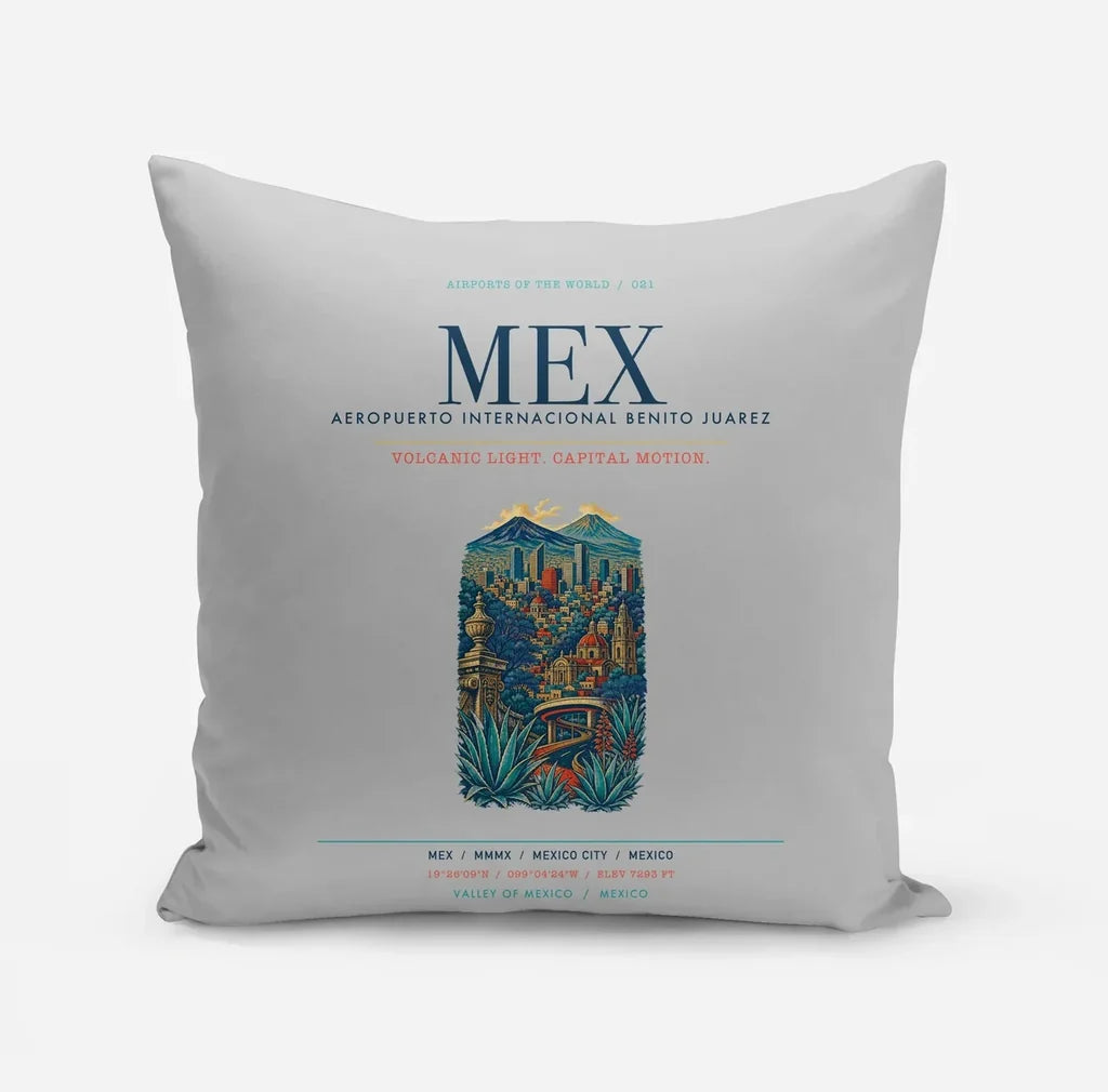 Mexico City Benito Juarez International Airport (MEX) design on light gray pillow