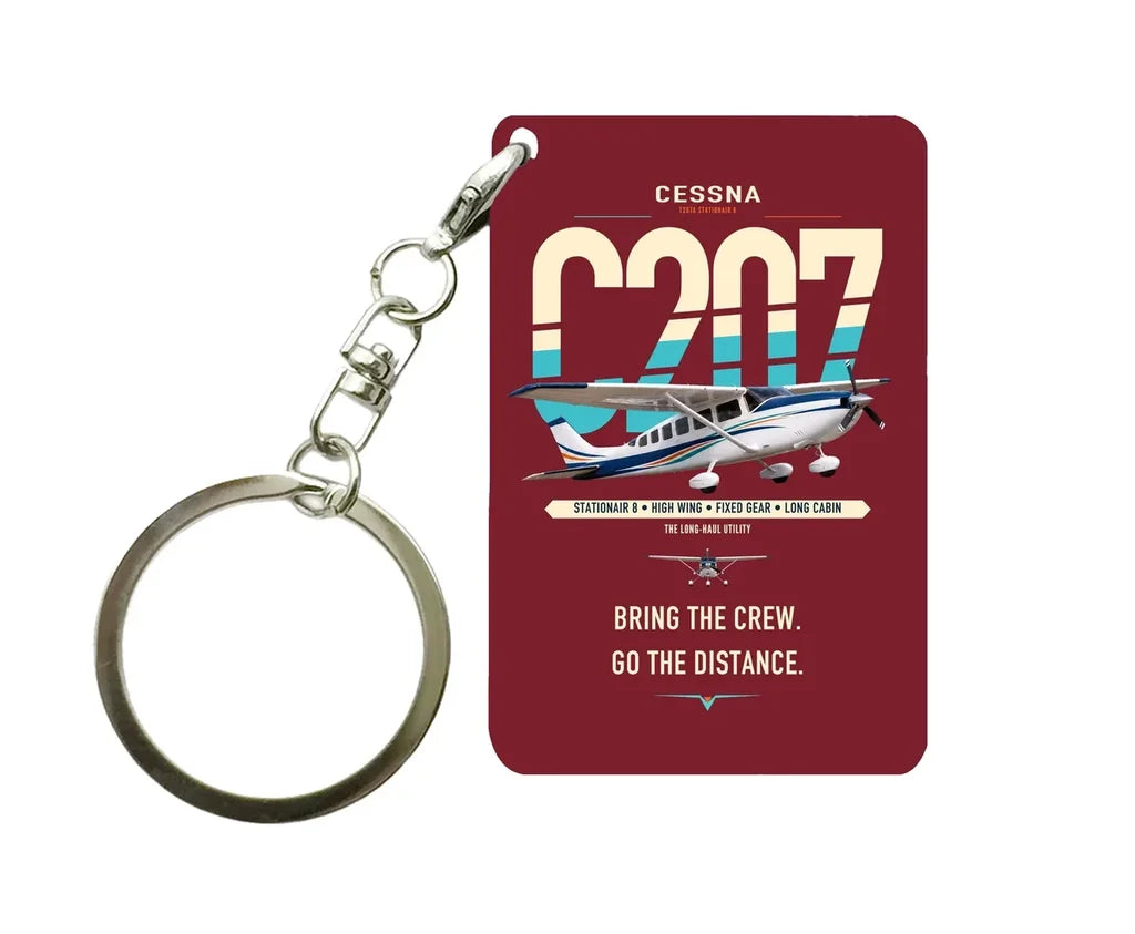 Cessna T207A Stationair 8 design on dark red designed key chain, double-side print