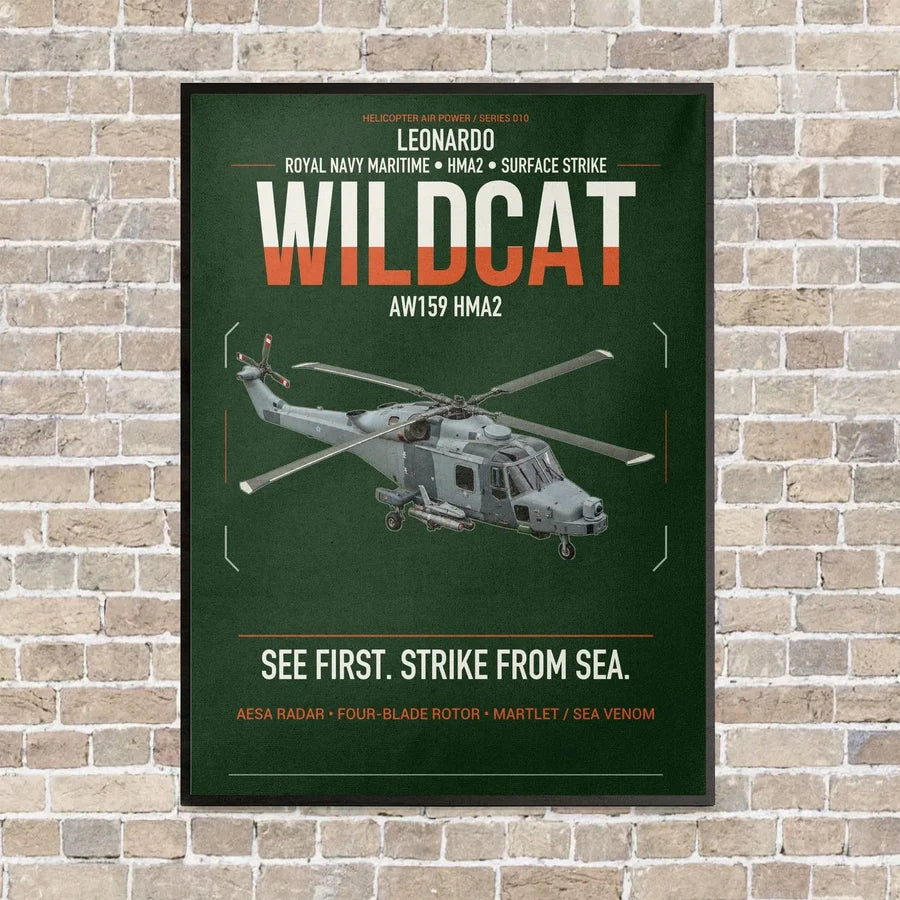 Leonardo AW159 Wildcat HMA2 vertical canvas print - framed - dark green background