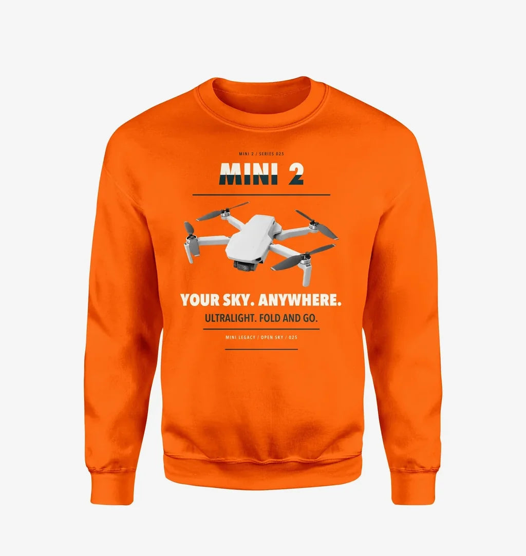 DJI Mini 2 design on orange sweatshirt