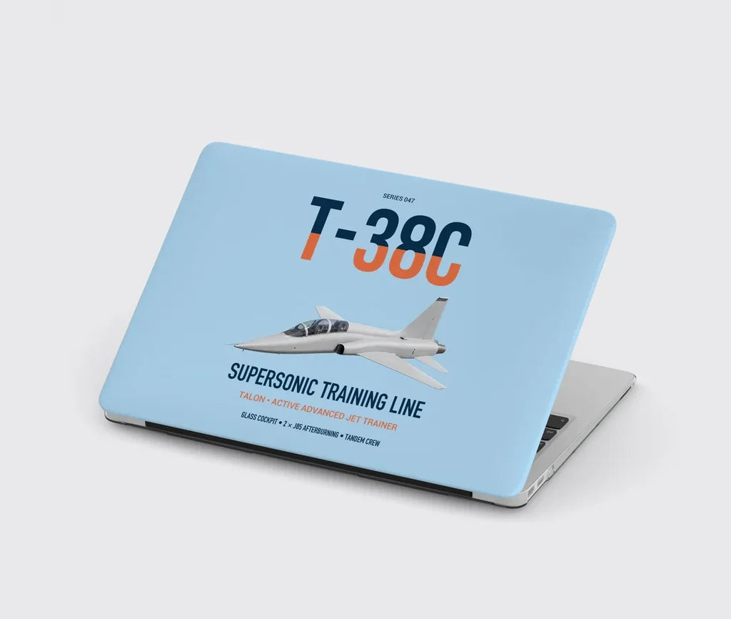 T-38C Talon design on light blue MacBook case