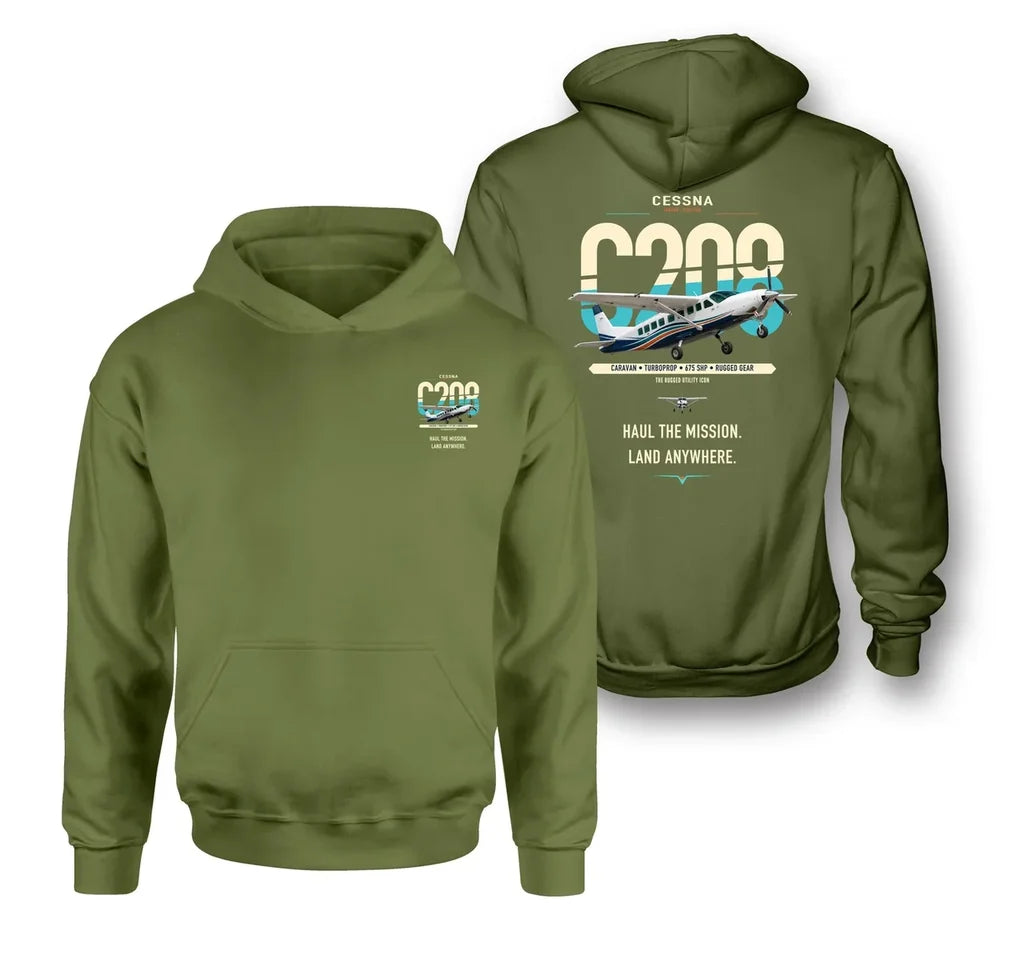 Cessna 208 Caravan design on green army double-side hoodie, double-side print