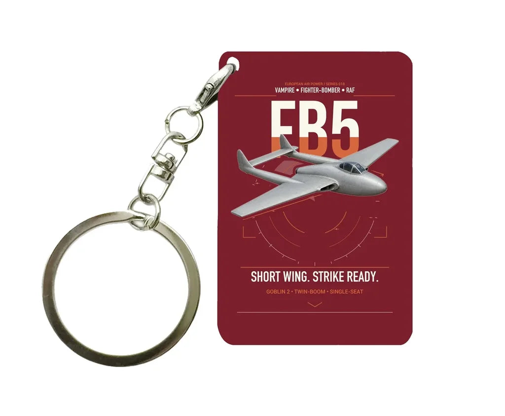 de Havilland Vampire FB5 design on dark red designed key chain, double-side print
