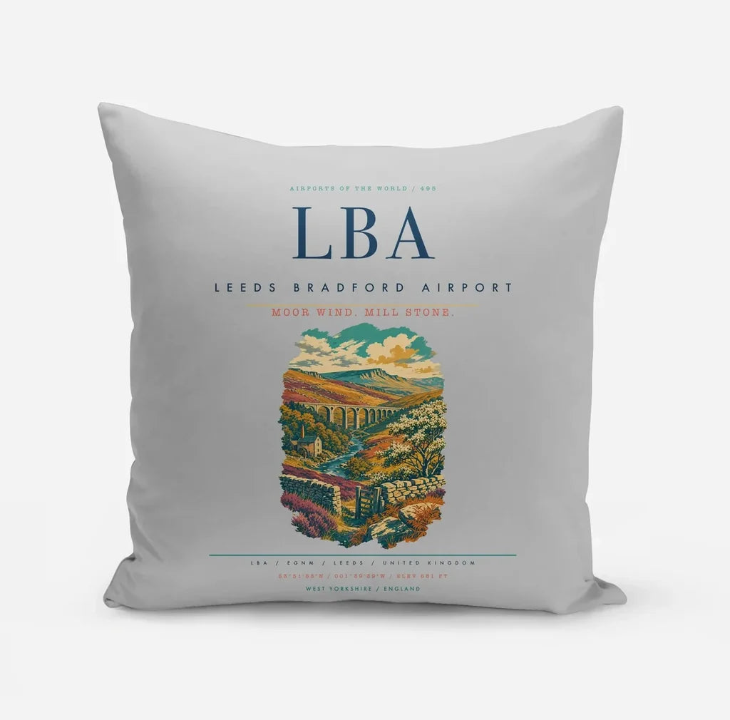 Leeds Bradford Airport (LBA) design on light gray pillow