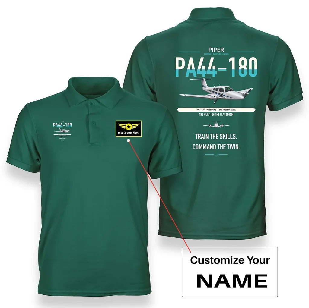 Piper PA-44-180 Seminole design on green+name double-side polo t-shirt, double-side print