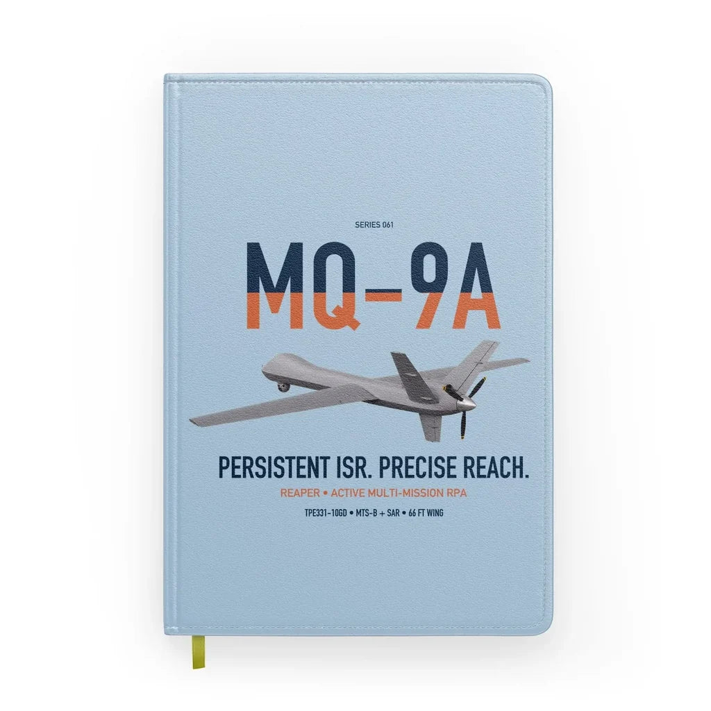 MQ-9A Reaper design on light blue notebook