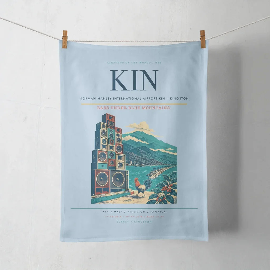 Norman Manley International Airport (KIN) design on light blue towel