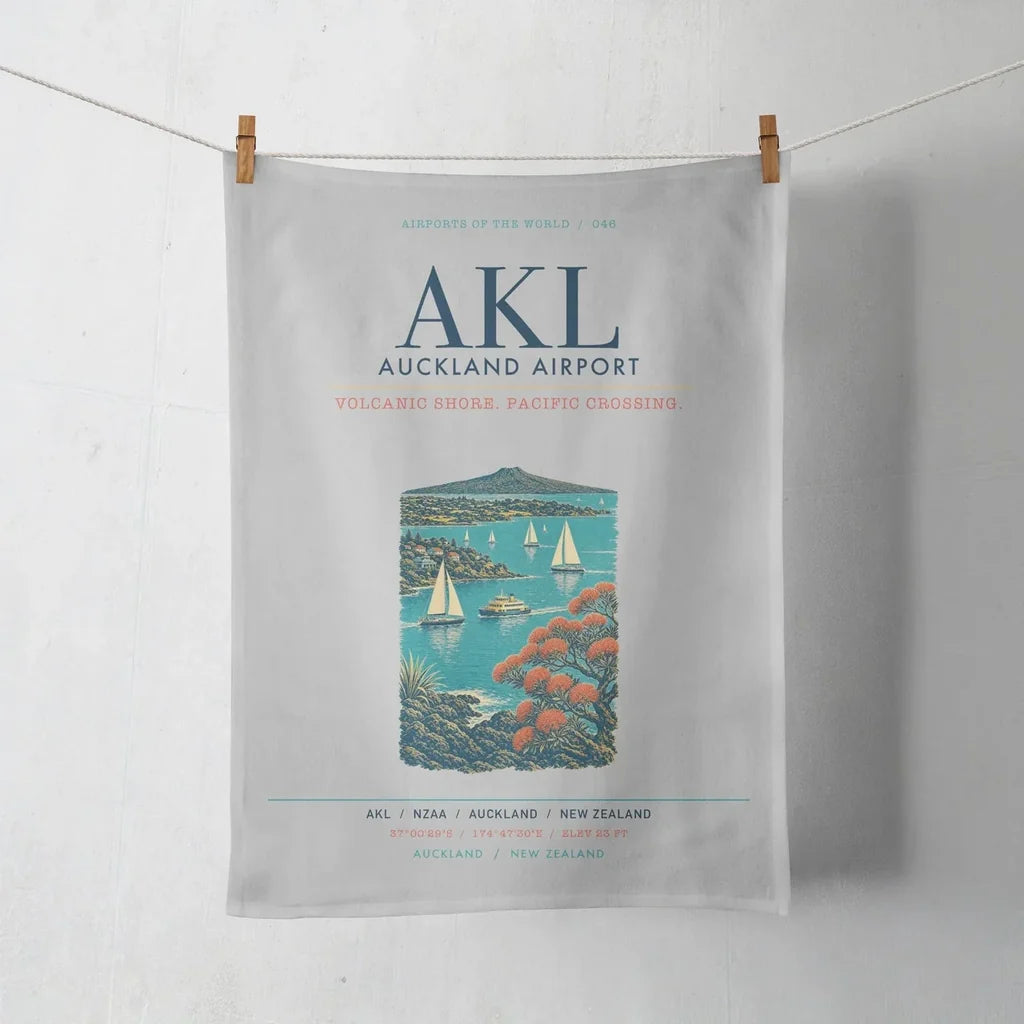 Auckland Airport (AKL) design on light gray towel