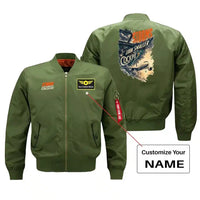 Thumbnail for SIGNAL 654 - Storms Look Smaller From The Cockpit - Bomber Jacket design on green bomber jacket with custom name badge