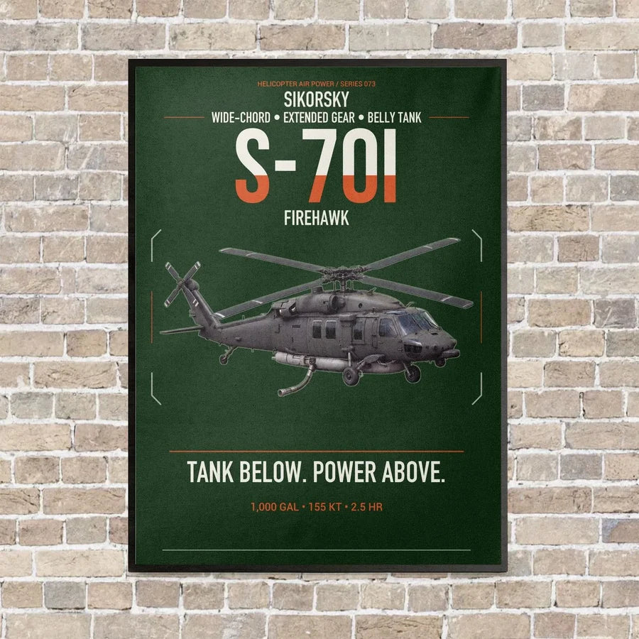 Sikorsky S-70i FIREHAWK vertical canvas print - framed - dark green background