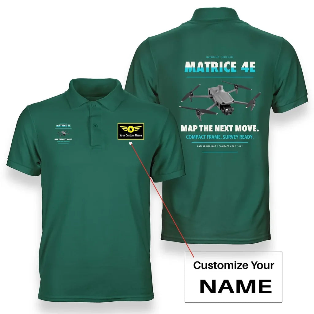 DJI Matrice 4E design on green polo with custom name badge