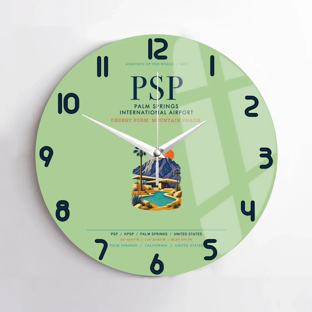 Palm Springs International Airport (PSP) design on light green no frame wall clock