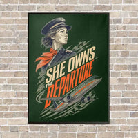 Thumbnail for She Owns The Departure vertical canvas print - framed - dark green background