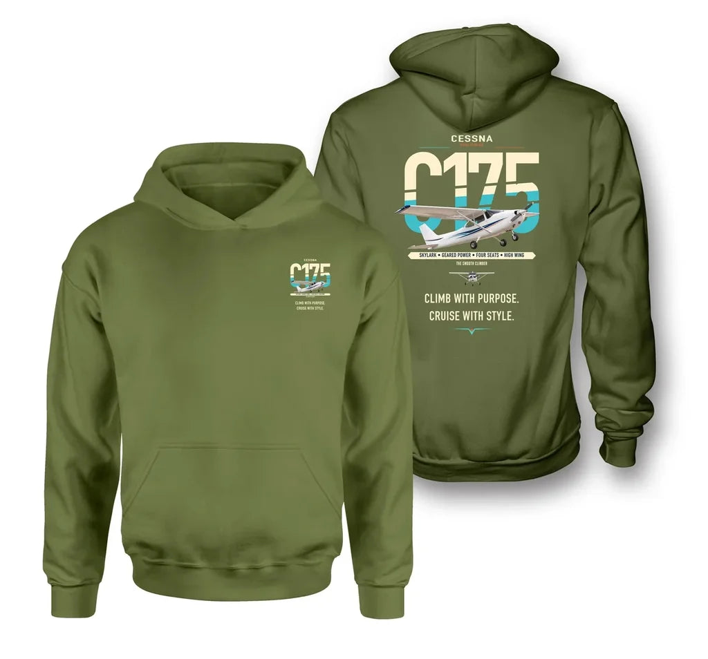 Cessna 175 Skylark design on green army double-side hoodie, double-side print