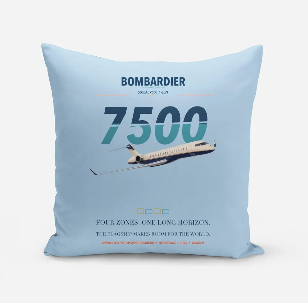 Bombardier Global 7500 design on light blue pillow