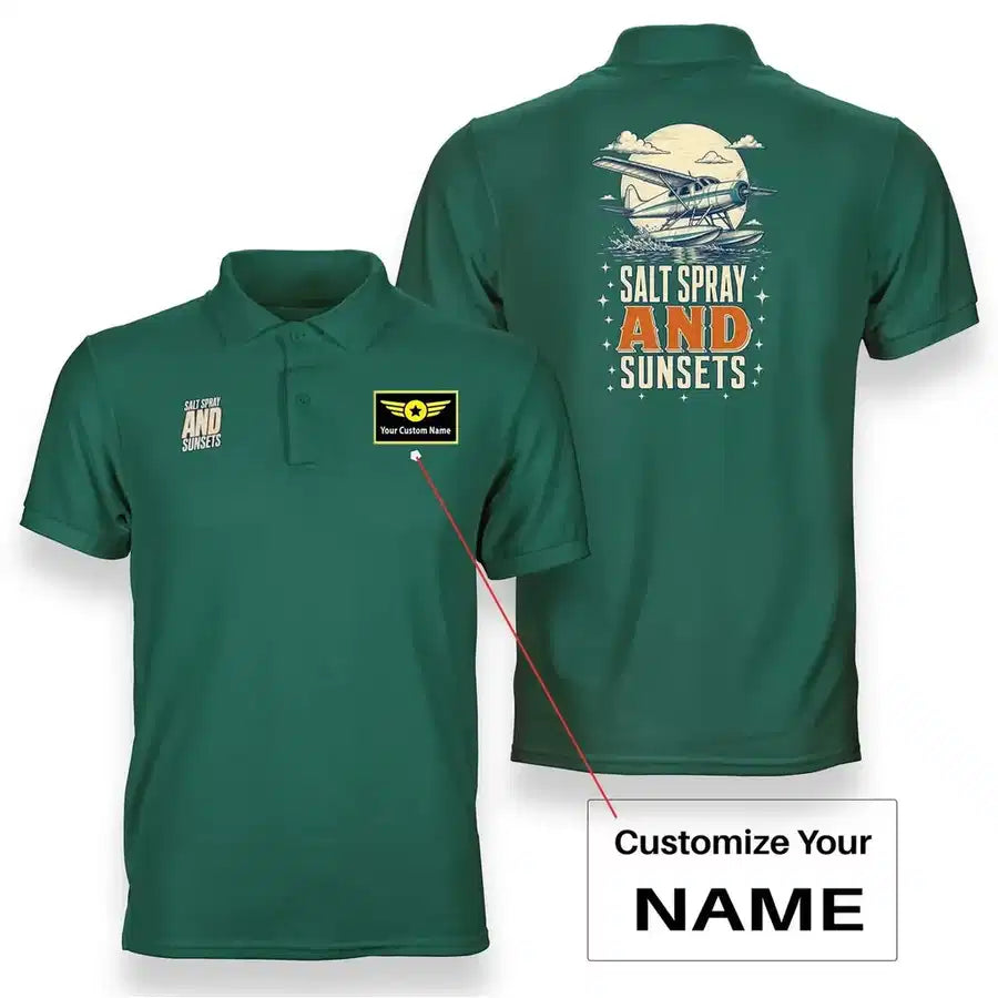 SIGNAL 389 - Salt Spray And Sunsets - Double-Side Polo design on green double side polo with custom name badge