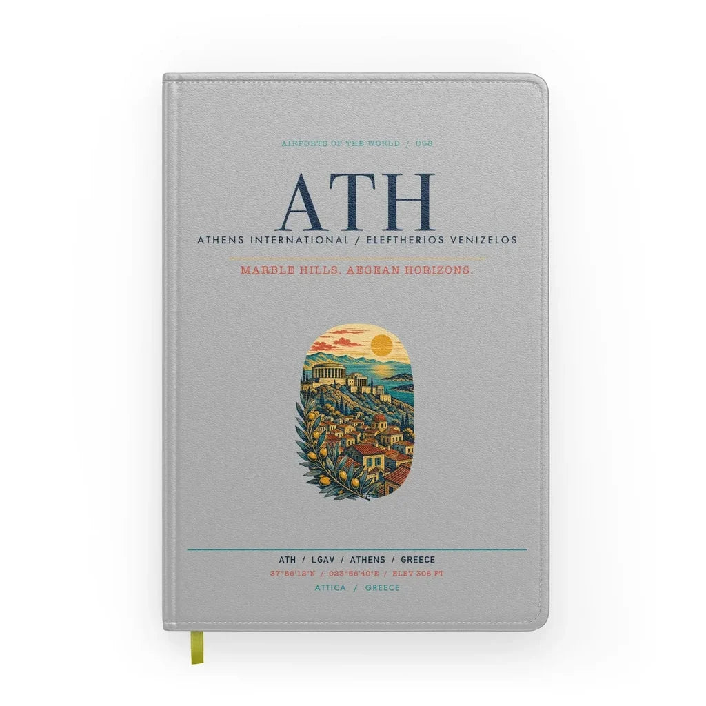 Athens International Eleftherios Venizelos Airport (ATH) design on light gray notebook