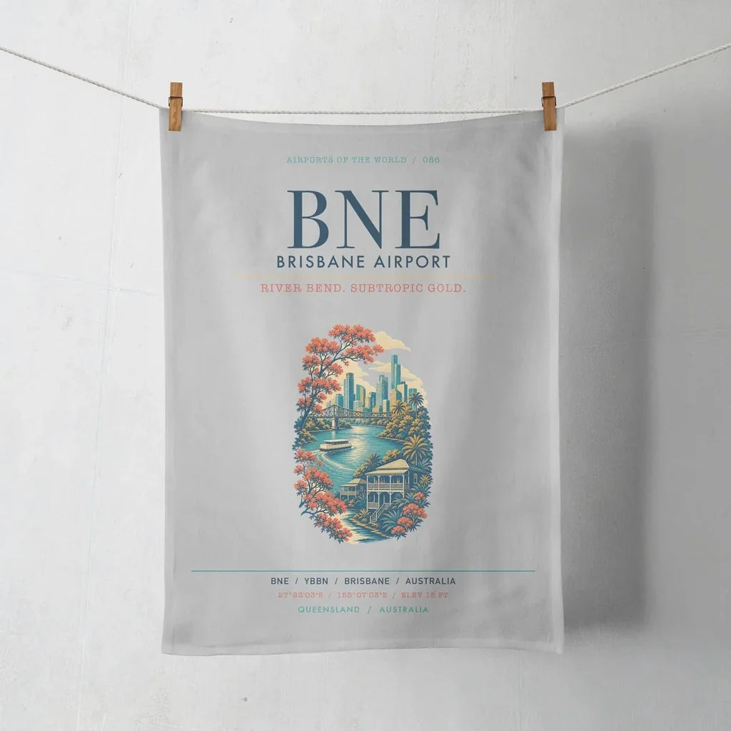 Brisbane Airport (BNE) design on light gray towel