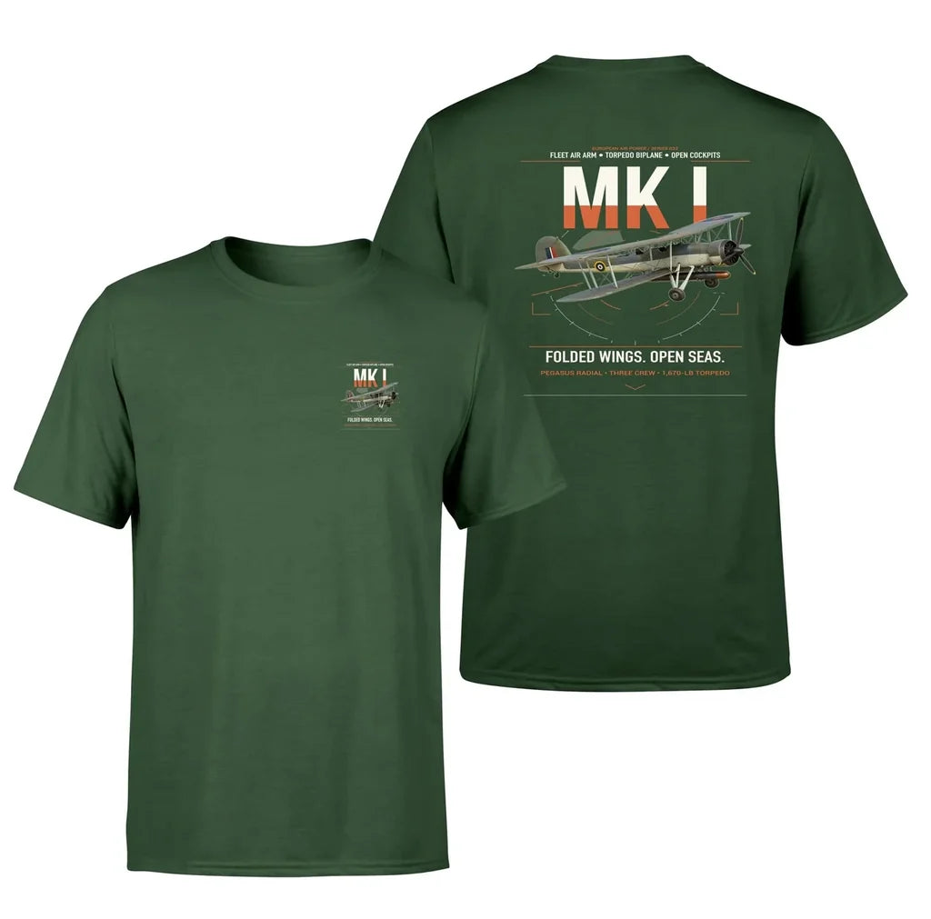 Fairey Swordfish Mk I design on dark green t-shirt, double-side print