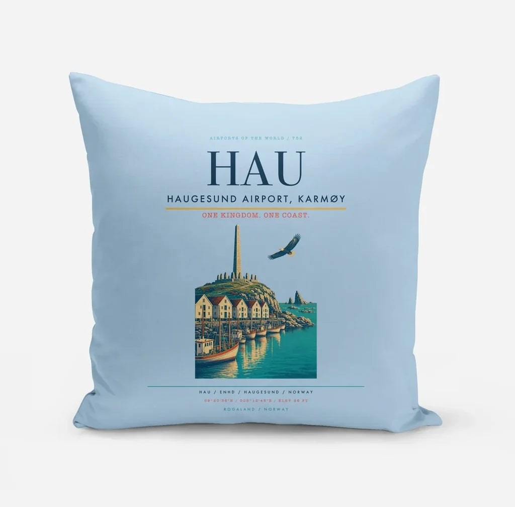 Haugesund Airport, Karmøy (HAU) design on light blue pillow