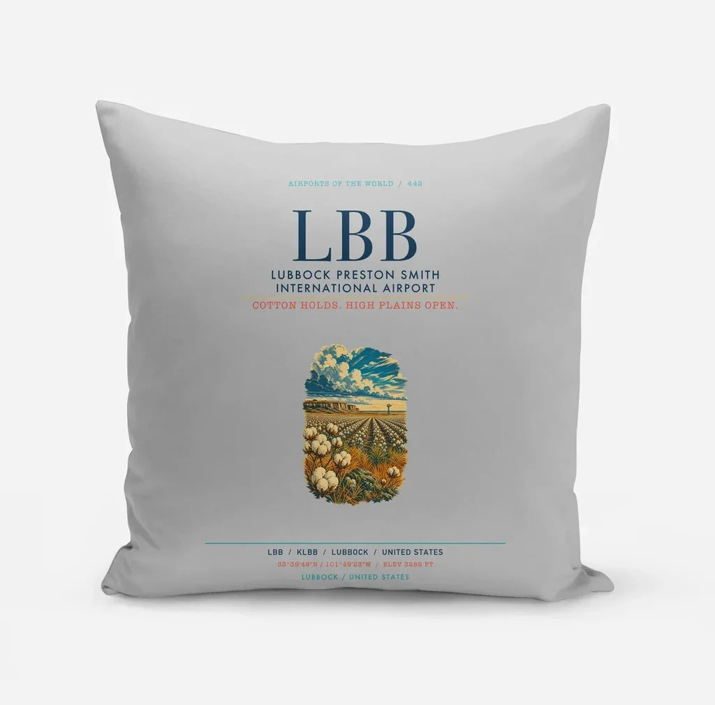 Lubbock Preston Smith International Airport (LBB) design on light gray pillow