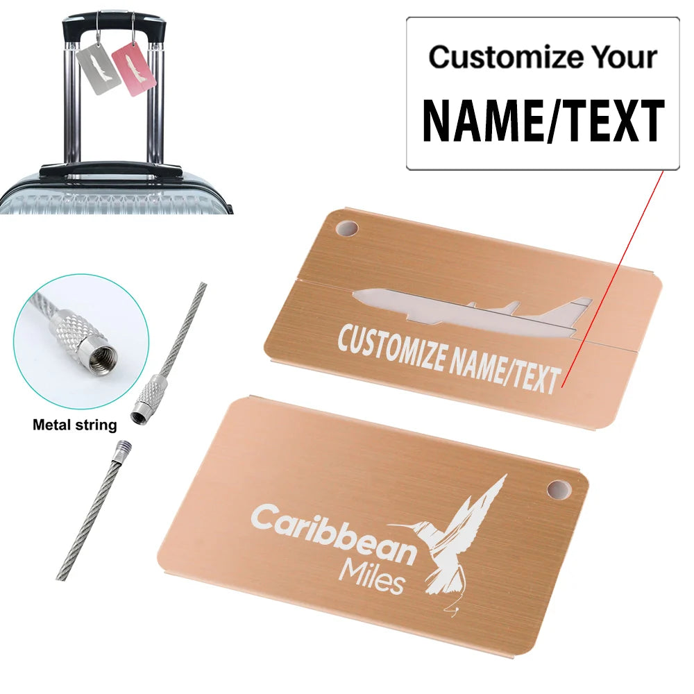 Carbbean Airlines Aluminum Airplane Luggage tag, Gold + NAME