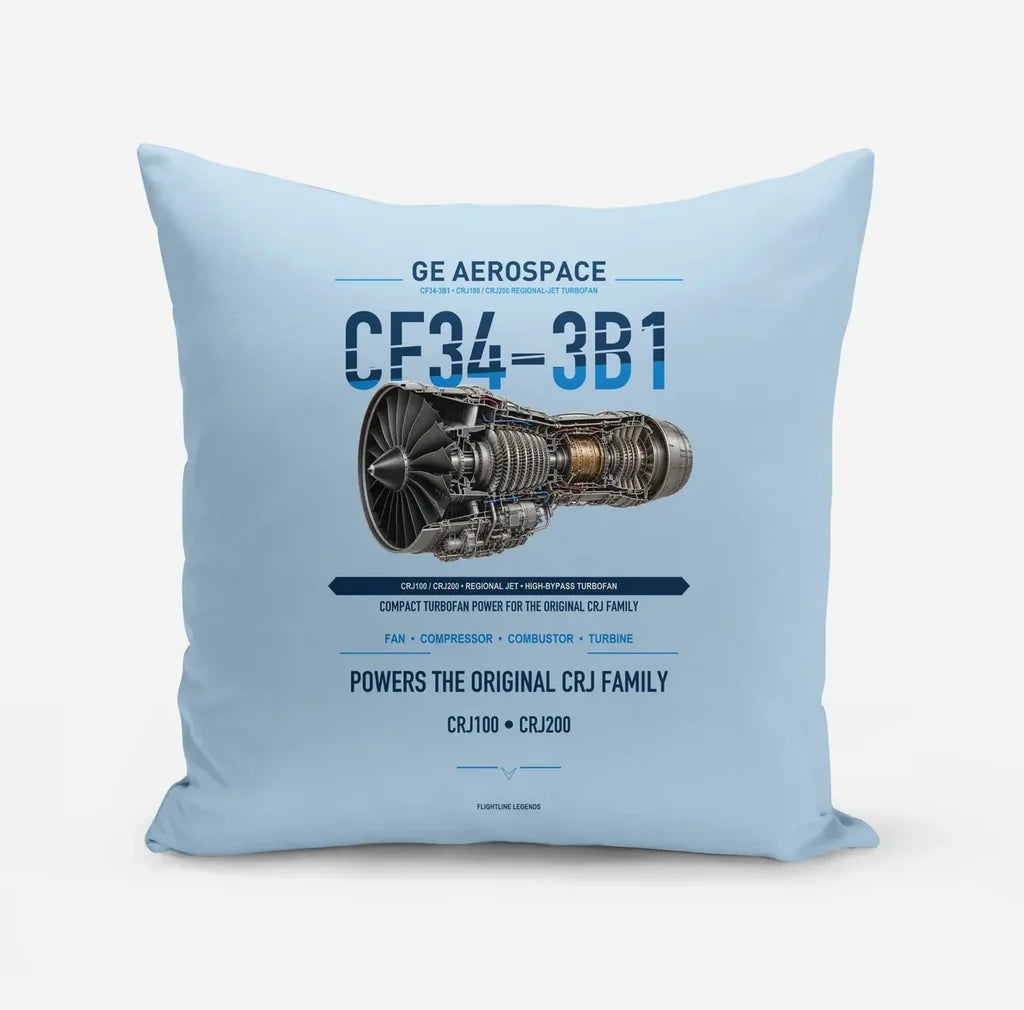 CF34-3B1 design on light blue pillow