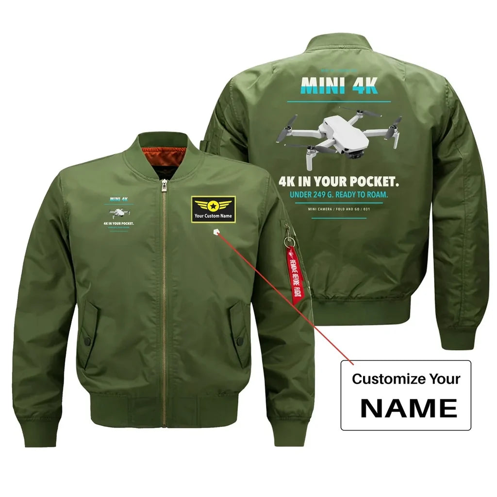 DJI Mini 4K design on green bomber with custom name badge