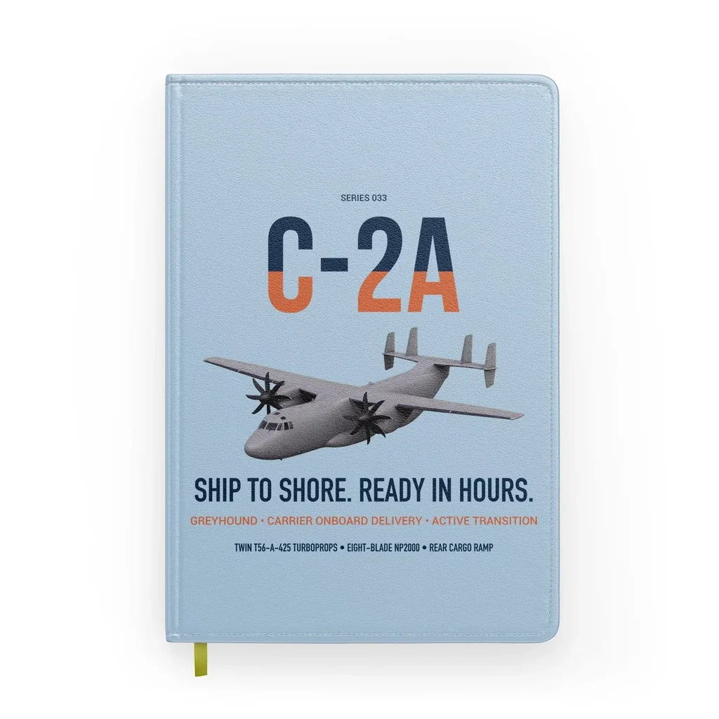 C-2A Greyhound design on light blue notebook