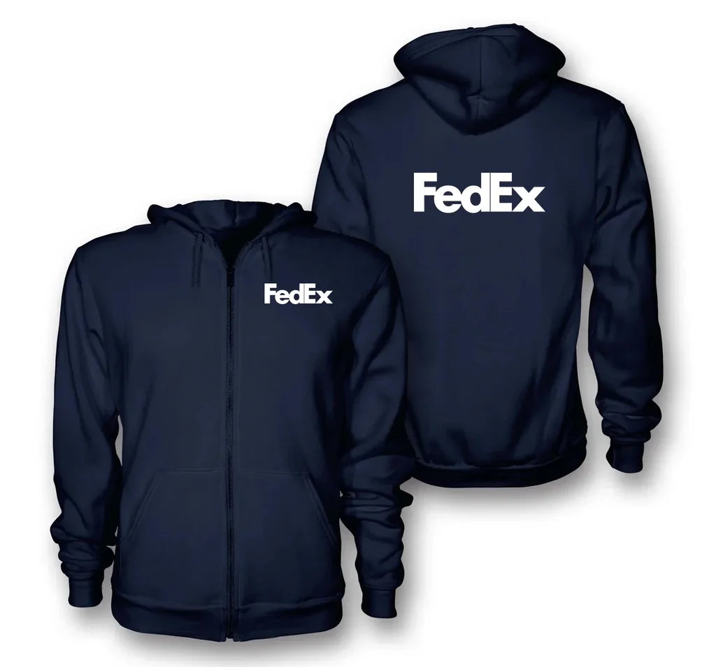 FedEx logo on navy blue zipped hoodie