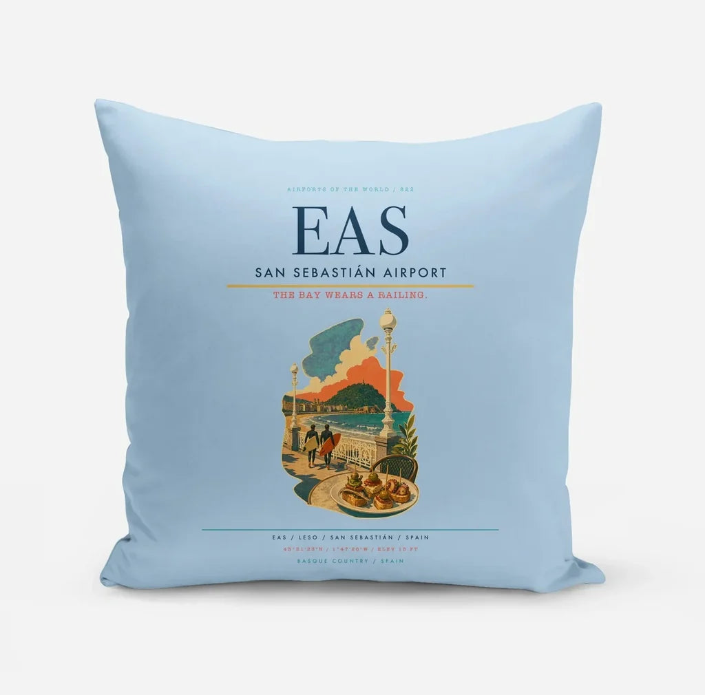 San Sebastián Airport (EAS) design on light blue pillow
