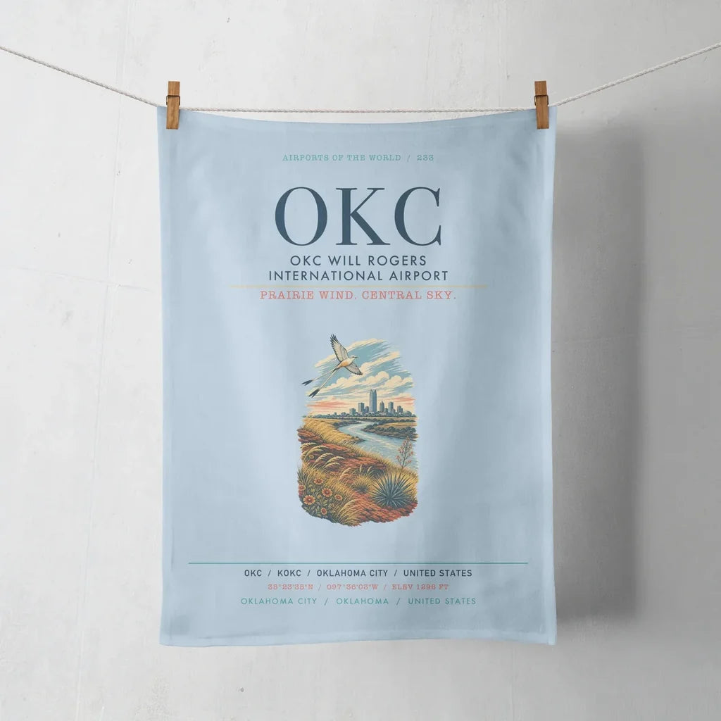OKC Will Rogers International Airport (OKC) design on light blue towel