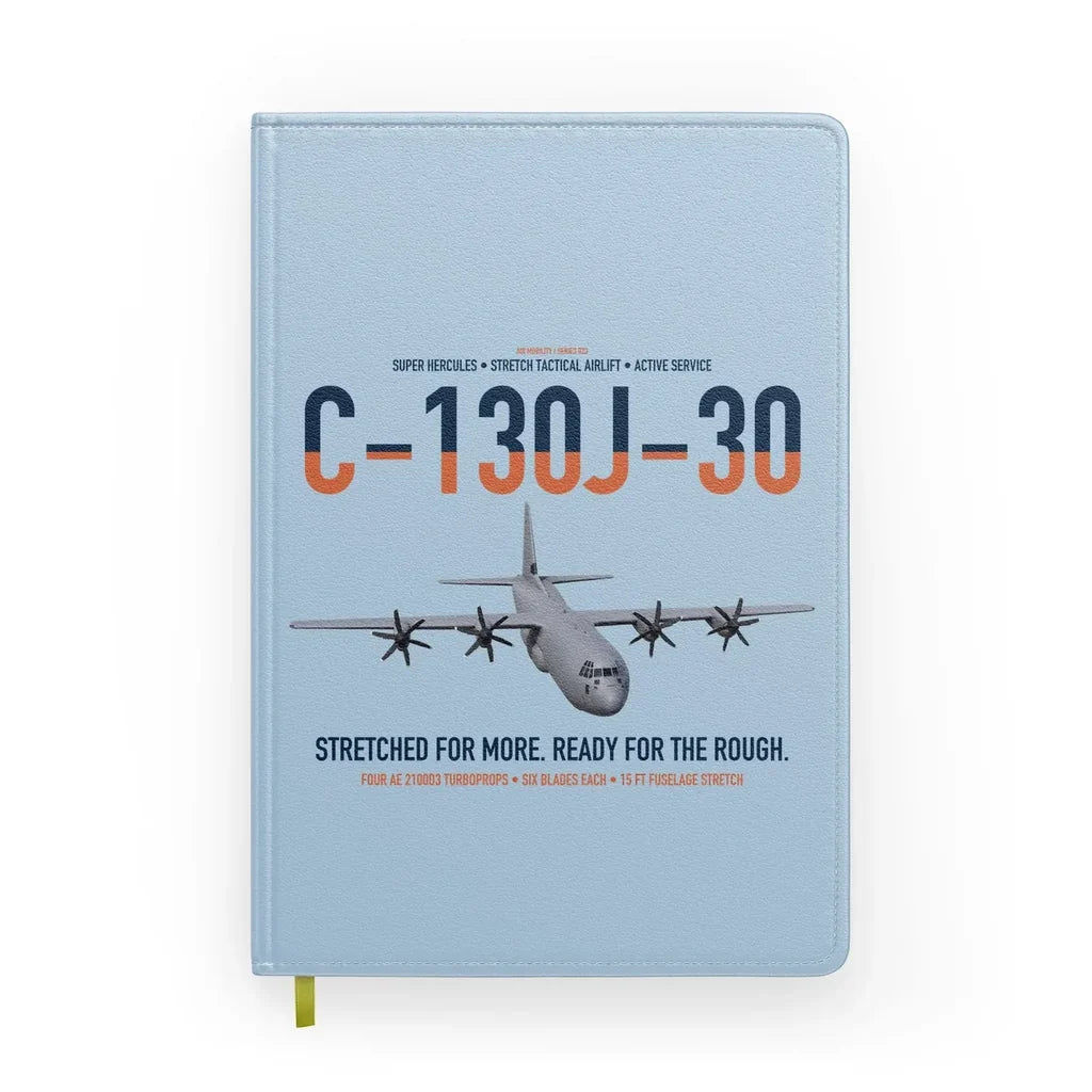 C-130J-30 Super Hercules design on light blue notebook