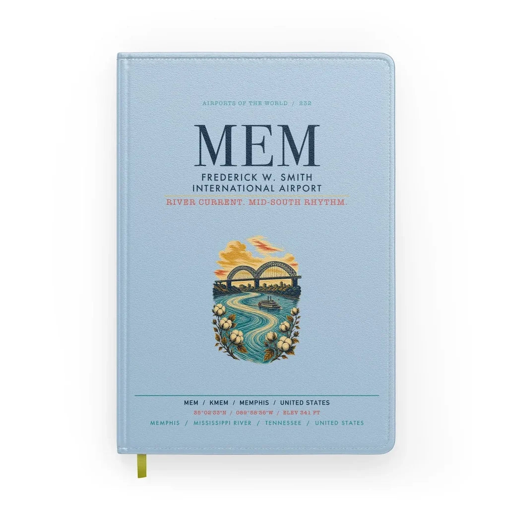 Frederick W. Smith International Airport Memphis (MEM) design on light blue notebook