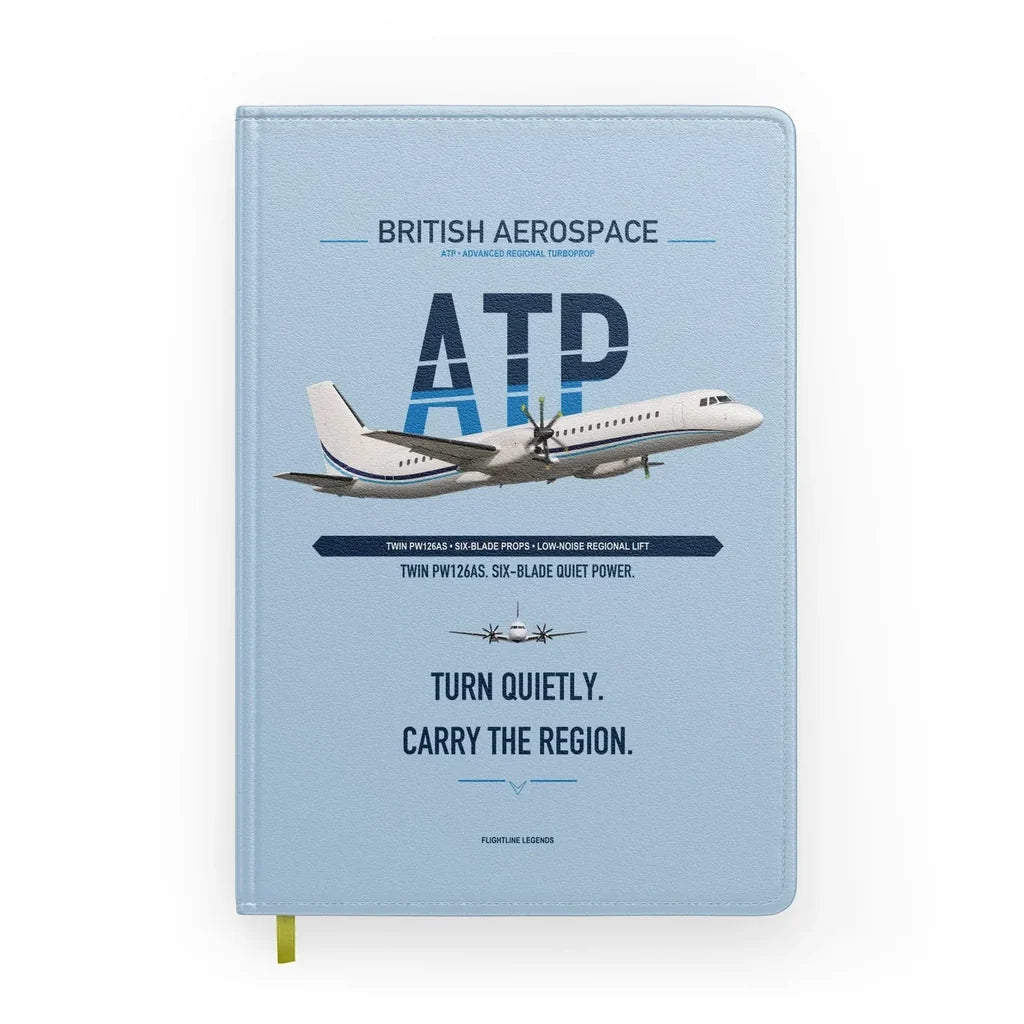 British Aerospace ATP design on light blue notebook